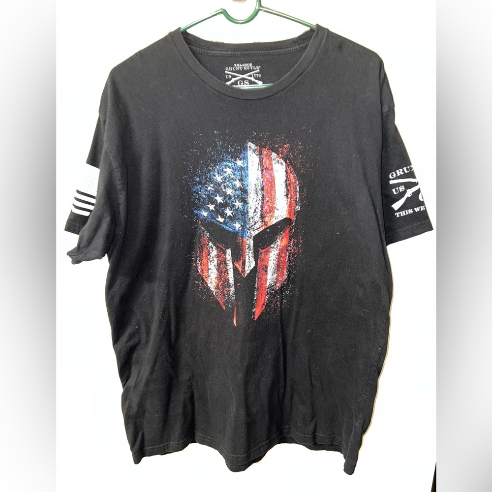 NWOT. Grunt Style Black Tee with American Flag Spartan Helmet front design